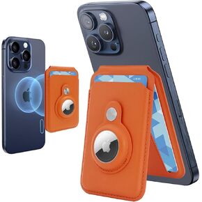 FAN SONG Magsafe Wallet for iPhone, Phone Card Holder Strongest Magnetic Flap Leather with AirTag Holder Adjustable Stand for iPhone 15 14 13 12 Series,Not for iPhone 13 12 Mini,Orange