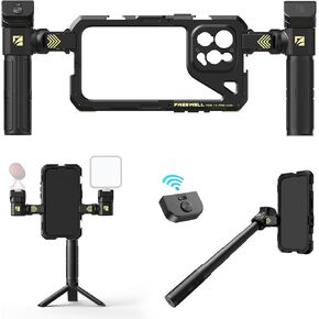 Freewell Genius Rig Cage لهاتف iPhone 15 Pro Max - تركيب بدون أدوات، حامل ثلاثي متعدد الوظائف ومقابض Monopod، جهاز تحكم عن بعد بلوتوث