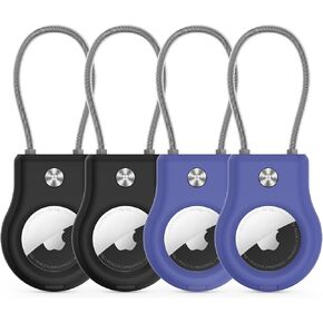 AirTag Keychain Holder - (4 Pack) Airtag Lock Case with Wire Cable Compatible with Apple AirTags,Ultra Durable Anti-Lost Protective Case with Keyring for Luggage, Key, Backpack, Pet, Bag black/blue