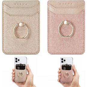 Phone Card Holder Sleeve RFID Credit Wallet with Kickstand Ring for Women, 2 Pieces Glitter Sands Wallet Stick-On Back Grip for iPhone Samsung Android and Smartphones - Pink + Gold