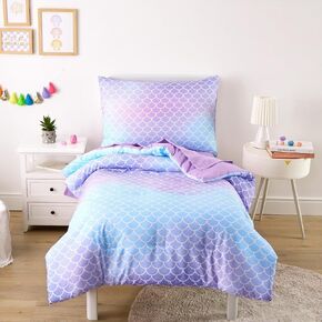 Wake In Cloud - Mermaid Toddler Bedding Set for Girls, Cute Colorful Little Mermaid Scales, 4 Pieces Soft Crib Bed Set Including Comforter, Sheets and Pillowcase, Blue Purple