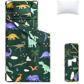 Wake In Cloud - Cot Nap Mat with Pillow and Blanket, for Toddler Kids Boys Girls in Daycare Kindergarten Preschool Pre K with Elastic Corner Straps, Cute Colorful Dinosaur, Navy Blue