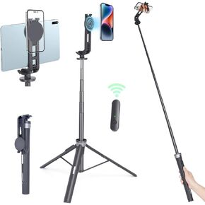 Koolehaoda 64" Magnetic Selfie Stick Tripod Phone Tripod Tablet Floor Stand with Magnetic Phone Holder & Detachable Wireless Remote, Compatible with iPhone Samsung GoPro Smartphone & Tablet