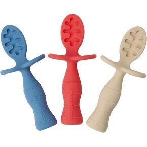 Upward Baby Spoons Self Feeding 6+ Months - 3 Pack, Chewable Toddler Utensils with Anti Choke Barrier, Baby Feeding Essentials, Baby Spoons 4 months, Silicone Baby Spoons, Red White Blue
