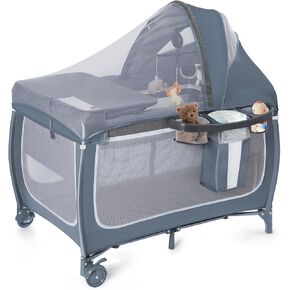 SIMPLGIRL Bedside Bassinet for Baby, 4 in 1 Pack n Play Bassinet Bedside Sleeper Baby Crib with Mosquito Net,Toys & Music Box, Mattress, Foldable Playard for Newborn to Toddles