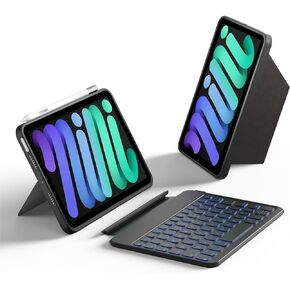 HOU Keyboard Case for iPad Mini 6, 156° Adjustable Stand, Detachable Full Protective Case for iPad Mini 6, 11 Shortcut Keys, 7 Color Backlight, Silicone PU, Multifunction, Bluetooth