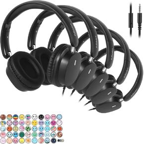 Kids Headphones for School Bulk Set 5-Pack On-Ear, 3.5mm, Wired Headphones for Schools & Libraries – Adjustable, Cushioned Headphones (Black)