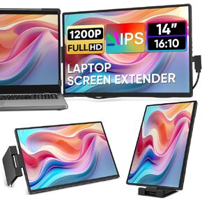 Laptop Screen Extender, 14" FHD 1200P IPS External Portable Monitor for Laptop, Plug & Play Dual Screen Monitor for 14"-17" Laptops, Compatible with Mac, Wins, Chrome, Android, Dex