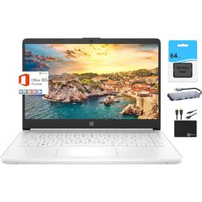 HP Newest 14" HD Light Thin Laptop Student Business, Quad-Core Intel N4120, 4GB RAM, 128GB (64GB eMMC+ 64GB Card), Webcam, Wi-Fi, Long Battery, Windows 11S + 1 Year Office 365, White+MarxsolAccessory