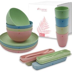 Fearne 16-piece Wheat Straw Plates and Bowls Sets for 4 - Unbreakable Toddler Kids Dinnerware Set, Reusable, Lightweight, Microwave & Dishwasher Safe
