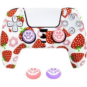 Strawberry Pink PS5 Controller Skins, Strawberry Protective Silicone Cover Skin Grips Compatible with PS5 Controller + 2 PCS Cute Cat Paw Grips Caps.