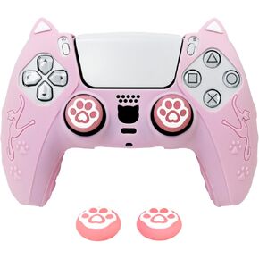 Cute Cat Paw PS5 Controller Skins,Pink Protective Silicone Cover Skin Grips Compatible with PS5 Controller + 2 PCS Cute Cat Paw Grips Caps.
