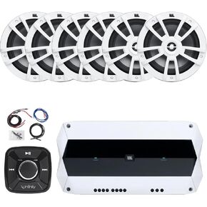Flush Mount Pre-Amp Waterproof Bluetooth Controller, 6x 8" 375 Watts High-Performance Marine Audio White Speakers, 1000 Watt Peak Weather-Resistant High-Performance 4-Channel Boat Amplifier W/Kit