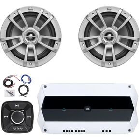 Flush Mount Pre-Amp Waterproof Bluetooth Controller, 2x 8" 375 Watts Peak High-Performance Marine Audio Gray Speakers, 1000W Peak Weather-Resistant High-Performance 4-Channel Boat Amplifier W/Kit