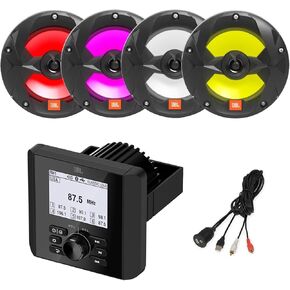 Marine Bluetooth AM/FM Radio Digital Media Receiver, 4x 6.5" 225 Watt Max Power 2-Way Multicolor LED Boat Audio Black Speakers with USB to AUX Adapter