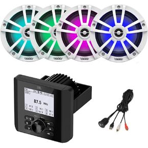 Marine Bluetooth AM/FM Radio Digital Media Receiver, 4X 6.5 225 Watt Peak Power 2-Way Multicolor LED Boat Audio White Speakers with USB to AUX Adapter
