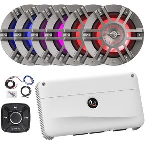 Flush Mount Pre-Amp Waterproof Bluetooth Controller, 6x 6.5" 300 Watt Peak 2-Way Coaxial Titanium Marine RGB LED Speakers, 75 watts RMS x 4 at 4 ohms 4-Channel Boat Audio Amplifier W/Wiring Kit