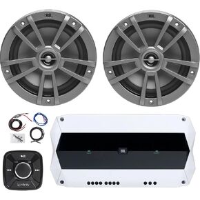 Flush Mount Pre-Amp Waterproof Bluetooth Controller, 2X 6.5 180 Watts 2-Way Multi-Element Gray Marine Speakers, 1000W Peak Power Weather-Resistant High-Performance 4-Channel Boat Amplifier W/Kit