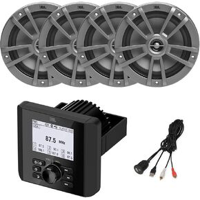 Marine Bluetooth AM/FM Radio Digital Media Receiver, 4X 6.5 180 Watt Max Power 2-Way Multi-Element Boat Audio Gray Speakers with USB to AUX Adapter