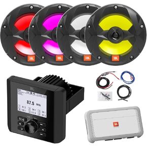 جهاز استقبال الوسائط الرقمية راديو AM/FM بتقنية البلوتوث البحري، 4x 6.5 بوصة 225 وات كحد أقصى ثنائي الاتجاه متعدد الألوان LED مكبرات صوت سوداء للقارب، مضخم صوت 4 قنوات مع مجموعة أسلاك in Kuwait