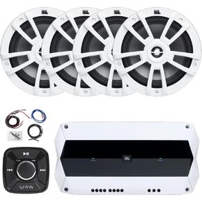 Flush Mount Pre-Amp Waterproof Bluetooth Controller, 4X 8 375W Peak Power High-Performance Marine Audio White Speakers, 1000 Watt Weather-Resistant High-Performance 4-Channel Marine Amplifier W/Kit
