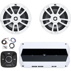 Flush Mount Pre-Amp Waterproof Bluetooth Controller, 2x 8" 375 Watts Peak High-Performance Marine Audio White Speakers, 1000W Peak Weather-Resistant High-Performance 4-Channel Boat Amplifier W/Kit
