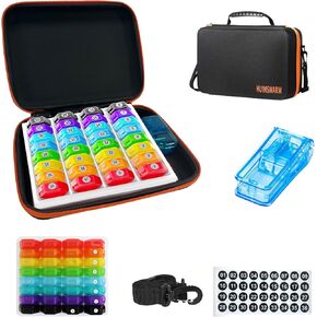 Monthly Pill Organizer 1Time A Day,Pill Organizer Monthly 1Time A Day with 32 Daily Compartments&1Pill Cutter&1Travel Case&1Shoulder Straps&2PCS 31 Days Sticker.Comfortable Handle,BPA-Free.
