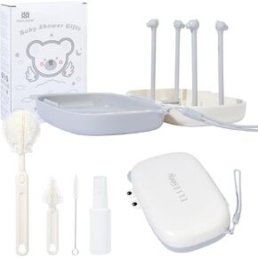 Bebamour Travel Baby Bottle Brush Set 6 in 1 Bottle Cleaner Brush Kit with Extendable Silicone Bottle Brush,Nipple Cleaner Brush,Straw Brush,Drying Rack,Soap Dispenser and Organizer Case (White)