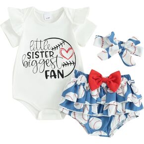 Honganda Newborn Baby Girl Baseball Outfit Little Sister Biggest Fan Romper Baseball Shorts with Headband Summer Clothes Set