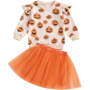 MoZiKQin Toddler Baby Girl Halloween Outfit Pumpkin Embroidered Sweatshirt Tulle Tutu Skirt Set Kids Fall Winter Clothes