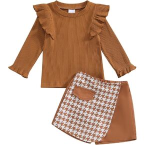 Madjtlqy Fall Baby Girl Clothes 12 18 24 Months 2T 3T 4T Toddler Winter Outfits Long Sleeve Ruffles Tops + Plaid Skirt