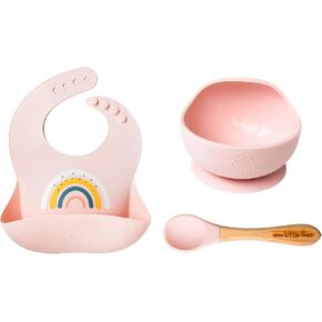 Silicone Rainbow Baby Bibs & Suction Bowl Set: BPA-Free, Adjustable Bib with Large Food Catcher Pocket + Premium Utensils for Babies & Toddlers (6-36 Months), Pink