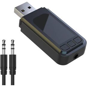 USB Bluetooth 5.0 Wireless Adapter, Wireless Audio Transmitter Receiver with 3.5mm Aux Cable Hands Free Car Kit Car Adapter for Car Aux, Home Stereo, Headphones, PC, TV and More