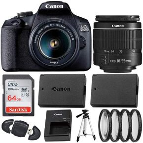 كاميرا Canon EOS 2000D (Rebel T7) الرقمية ذات العدسة الأحادية العاكسة مع مجموعة عدسات DC III مقاس 18-55 مم (الطراز الدولي) ملحق احترافي باللون الأسود