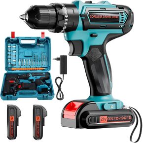 Cordless Drill Set 21V, Power Drill Cordless with 3/8 Inch Keyless Chuck, 25+ 3 Clutch Electric Drill with Work Light, Max torque 45Nm, 2-Variable Speed & 2 Batteries and Fast Charger