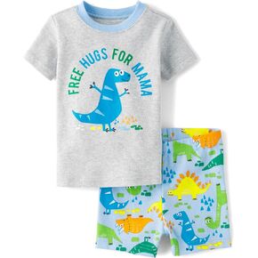 The Children's Place Baby Boy's and Toddler Sleeve Top and Shorts Snug Fit 100% Cotton 2 Piece Pajama Set, Dino Hugs