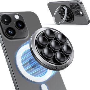 Magnetic Suction Cup Phone Mount for MagSafe, Phone Suction Grip with Adjustable Ring Stand for iPhone 16/15/14/13/12 Series, Hands-Free Magnetic Phone Grip Holder for TikTok Videos and Selfies, Black