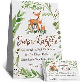 skuhyyg Woodland Diaper Raffle Tickets, Diaper Raffle Sign, Watercolor Eucalyptus leaves Woodland Diaper Baby Showers, Watercolor Woodland Forest Animals Insert Ticket(1 Sign+50 Cards)