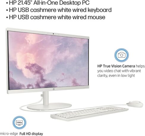 HP 22" All-in-One Desktop Computer, 8GB DDR5 RAM, 128GB UFS Storage,13th Gen Intel Quad-Core CPU, FHD VA Display, WiFi 6, Bluetooth 5.3, RJ45, USB-C (10Gbps), UHD Graphics, 720p Cam, Cashmere White in Kuwait