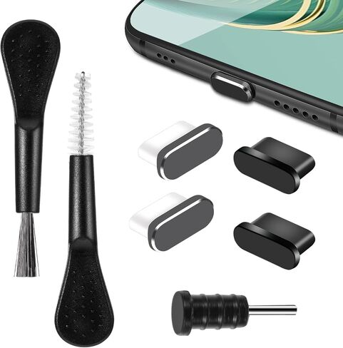 7PCS Dust Plug Set, Anti Dust Cover Charging Port Protector Cap with Cleaning Brush Compatible with USB Type-C Most Mobile Phone Devices(Black) in Saudi Arabia