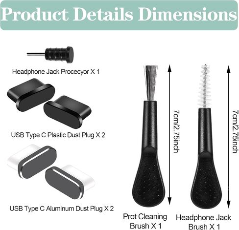 7PCS Dust Plug Set, Anti Dust Cover Charging Port Protector Cap with Cleaning Brush Compatible with USB Type-C Most Mobile Phone Devices(Black) in Saudi Arabia