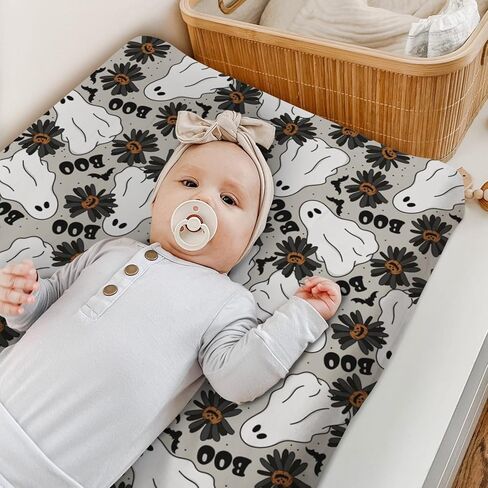 HawSkgFub غطاء وسادة تغيير حفاضات الهالوين المخيف جاك أو اليقطين لطفلة صبي، أسود بو ديزي زهرة الخفافيش ملاءة طاولة تغيير الحفاضات، ناعمة قابلة للتمدد وآمنة وملائمة لتغيير الحفاضات مقاس 32/34 × 16 in Kuwait