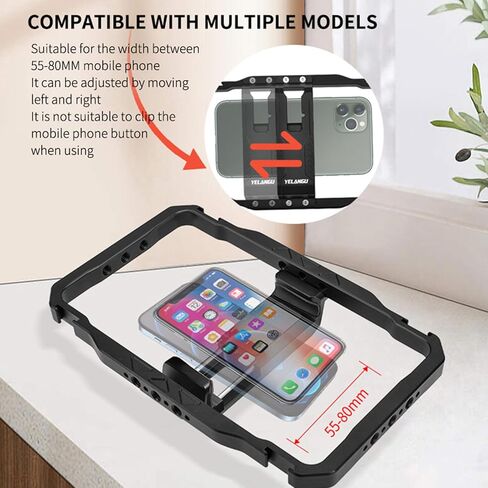 YELANGU Smartphone Video Rig - Phone Cage with Two Handles for Enhanced Stability - Suitable for Wireless Microphone Clip Slots - Perfect for Cell Phone Vlogging, Video and Live Streaming in Kuwait