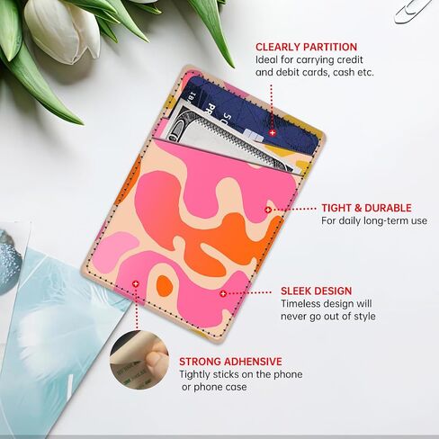 Phone Card Holder Leather, Dual Pocket Phone Wallet Adhesive Stick On, Cute Credit Card Pocket for Phone Case Compatible with Most Phone Cute Pink Shape in Saudi Arabia
