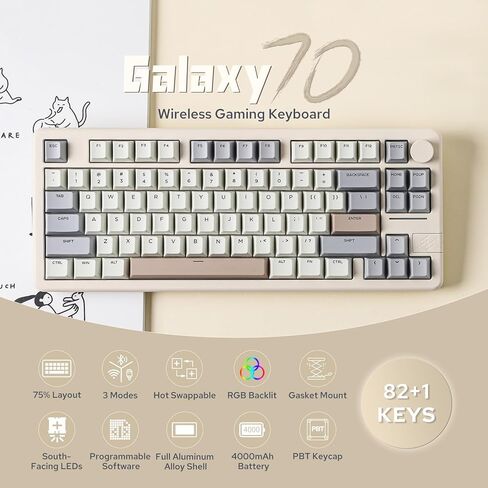 EPOMAKER Galaxy70 Wireless Gaming Keyboard, 75% Aluminium Mechanical Keyboard, Bluetooth 5.0/2.4GHz/USB-C Wired Programmable Keyboard, Hot Swappable Creamy Keyboard (White, Petal Switch) in Kuwait