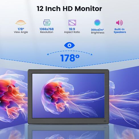 شاشة Eyoyo صغيرة HDMI مقاس 12 بوصة شاشة فيديو LED صغيرة مع منافذ HDMI VGA 1366x768 HD شاشة كمبيوتر مدمجة مكبر صوت ثاني شاشات كمبيوتر للمكتب المنزلي in Kuwait