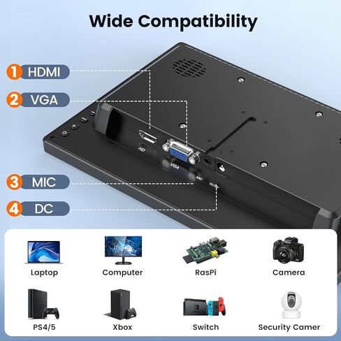 شاشة Eyoyo صغيرة HDMI مقاس 12 بوصة شاشة فيديو LED صغيرة مع منافذ HDMI VGA 1366x768 HD شاشة كمبيوتر مدمجة مكبر صوت ثاني شاشات كمبيوتر للمكتب المنزلي in Kuwait
