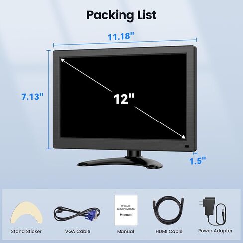 شاشة Eyoyo صغيرة HDMI مقاس 12 بوصة شاشة فيديو LED صغيرة مع منافذ HDMI VGA 1366x768 HD شاشة كمبيوتر مدمجة مكبر صوت ثاني شاشات كمبيوتر للمكتب المنزلي in Kuwait