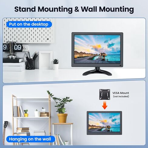 شاشة Eyoyo صغيرة HDMI مقاس 12 بوصة شاشة فيديو LED صغيرة مع منافذ HDMI VGA 1366x768 HD شاشة كمبيوتر مدمجة مكبر صوت ثاني شاشات كمبيوتر للمكتب المنزلي in Kuwait