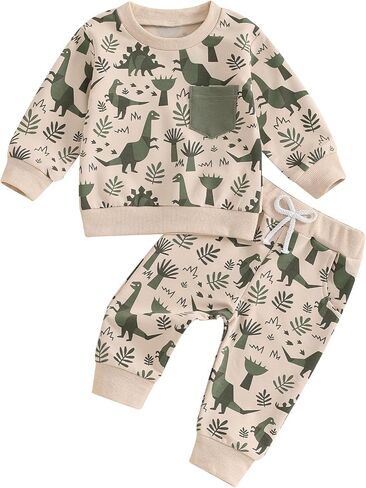 MA&BABY Toddler Boys Fall Outfits Dinosaur Print Pocket Long Sleeve Sweatshirts and Long Pants 2Pcs Clothes Set in Saudi Arabia